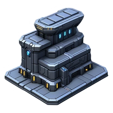 StarCraft-inspired, isometric RTS building with a rugged Terran look: thick metal plating, rivets, subtle wear, and a gunmetal palette plus one accent color. Add minimal glowing panels for a high-tech feel. Keep it compact—like a forward outpost—and show it from a clean isometric angle, emphasizing an industrial sci-fi style and clear silhouette. sticker