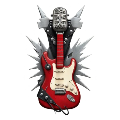 Create a powerful and dynamic humanless emoji representing rock vocals. The design should feature a classic vintage microphone with a rugged, distressed look, surrounded by elements like a guitar pick, electric guitar neck, and sound waves to reflect the raw energy of rock music. Add subtle details such as a spiked bracelet, leather textures, or bold lightning bolts to evoke the rebellious and intense spirit of rock. Use dark, edgy colors like black, red, silver, and metallic accents to emphasize the fierce, loud, and passionate nature of rock vocals. The background should be transparent. sticker