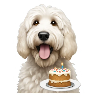 Shaggy large White Goldendoodle with tan on ears eating birthday cake  sticker