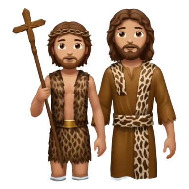John the Baptist with wavy hair and animal skin outfit, standing in water with Jesus, both wearing clothes sticker