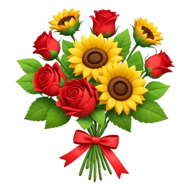 sunflowers and red roses bouquet tied with a bow, soft 3d claymation style, pretty sticker