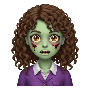 Emoji garota zombie com cabelo castanho escuro cacheado longo com franja cacheada sem volume sticker