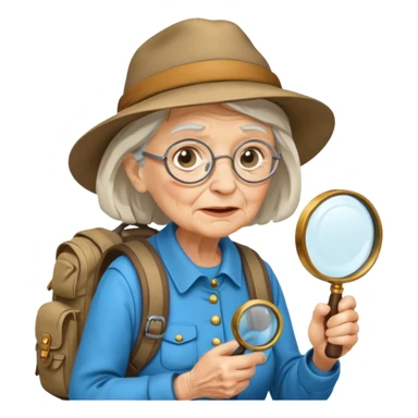 Explorer old woman with magnifying glass and backpack sticker