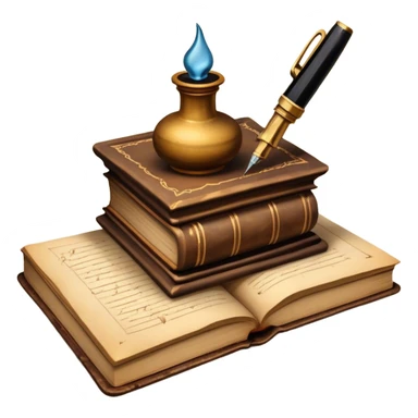 Create a vibrant emoji representing prose writing with an old-style, antique look. The design should include semi-turned pages of an old book with unfinished prose written on them. Add a vintage ink inkwell and a classic fountain pen or quill with black ink. Use warm, earthy tones like deep browns, golds, and creams for the book and ink bottle, with subtle ink splatters for an artistic touch. The overall style should evoke a sense of timeless storytelling and literary craftsmanship. Make the background transparent. sticker