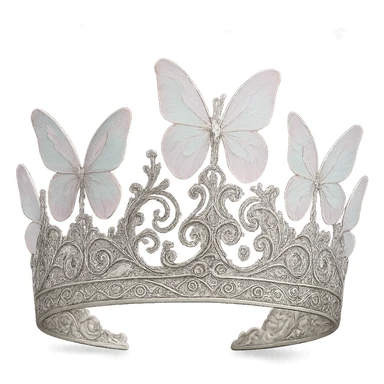 a butterfly crown in silver, with intricate filigree and translucent pastel butterfly wings sticker