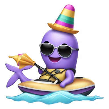 Lavender color narwhal wearing a sombrero, earrings, sunglasses, on a jetski sticker