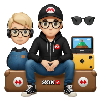 chico vestido de negro con sudadera negra logotipo super Mario con jeans Levis negros tenis converse negros gafas ray-ban fotogray y audífonos Sony sticker