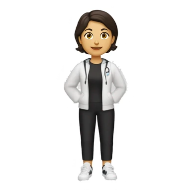 Profesora de cilcismo de piel morena clara de contextura delgada estatura alta con zapatillas de ruta blancas licras negras y maillot blanco casco blanco sticker