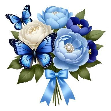 An elegant butterfly with midnight blue and sky blue wings, accented with delicate white tracings, hovering above a beautifully arranged bouquet of soft pastel blue peonies and deep indigo pansies, tied together with a flowing pearl satin ribbon. sticker