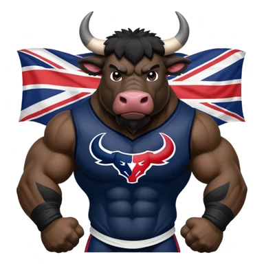 Houston texans black bull, wearing a texans jersey, with a union jack flag behing sticker