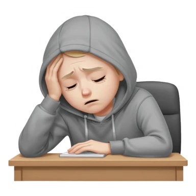 A person wearing a hoodie experiencing burnout, exhausted and overwhelmed, tired eyes, slumped posture, sitting at a desk, iOS emoji style sticker