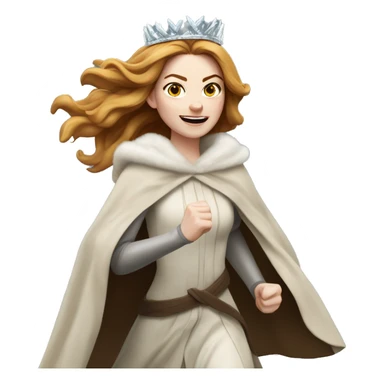 Emma Stone running, with a large stride and arms outstretched, wearing an icicle crown and winter cloak, long golden brown hair sticker