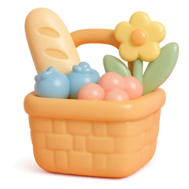 picnic basket with berries, bread, and flowers in warm pastel shades, vinyl figure style sticker