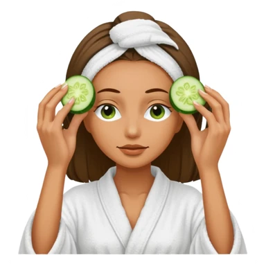 woman at the spa with cucumbers slices covering her eyes and tan skin tone with towel completely covering hair and robe on no hands showing sticker