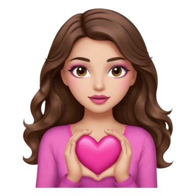 girl with long wavy brown hair, brown eyes, long lashes makeup, sexy pink lips, light to medium complexion, wearing a pink sexy top, squeezing a big heart sticker