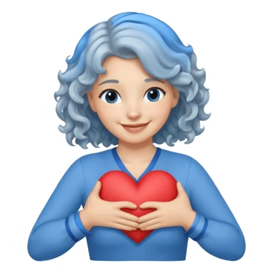 Silver, wavy/curly hair chin-length lady giving hug with 2 arms, blue v-neck and smiling, add a heart, not blue hair sticker