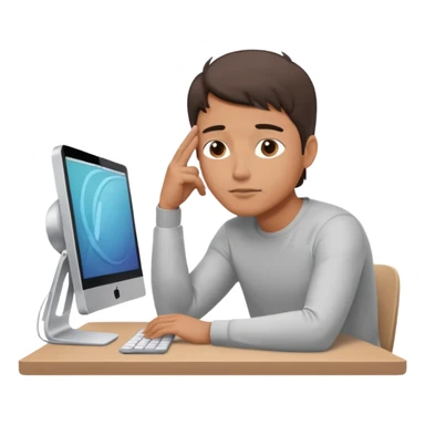 emoji of a man sitting at the table with an imac on it, a man is sitting in a very thoughtful pose, he has his hands on the table and his head resting on themб he look into the screen of imac sticker