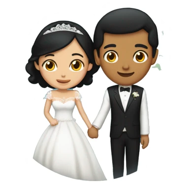 bride with black hair and medium-tan skin, and groom with black hair and fair skin, both inside a globe holding hands sticker