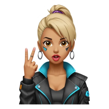 Woman with her tongue out in cyberpunk clothing and giving the middle finger. Looking naughty. sticker