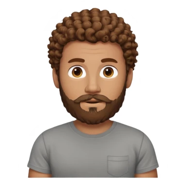 Curly-haired nightingale, with brown hair, a thick beard and a suvata to match the color of the hair on his head, large build, but not fat in a gray T-shirt, chest shot, IOS memoji style sticker