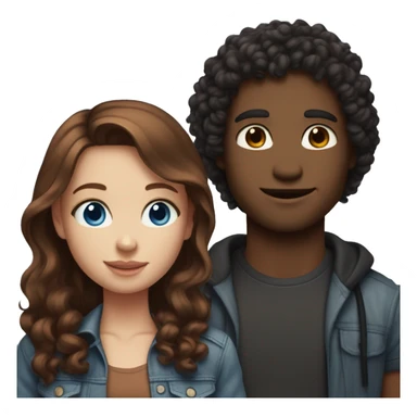 do couples with the girl having medium length dark red hair and blue eyes, skin not super fair but light and the boy having same skin tone, black curly hair and brown eyes. If emojis of them standing do streetstyle clothing for both.  sticker