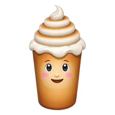Cute emoji of a Hungarian chimney cake (kürtőskalács), cylindrical pastry, light brown baked dough with sugar coating, topped with white whipped cream, served in a small white paper cup sticker