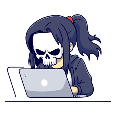 girl Punisher skull with straight long black hair typing on laptop sticker