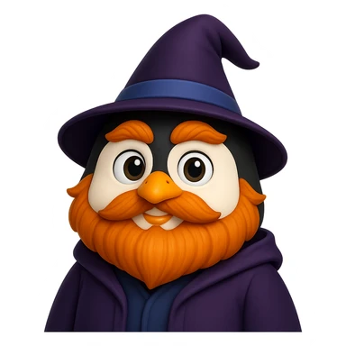 Create a penguin wizard in memoji style with a round face, expressive eyes, orange beard and eyebrows, wearing a wizard hat and robe. The style should resemble memoji aesthetics with smooth, colorful, and friendly features. Use the provided reference for inspiration. sticker