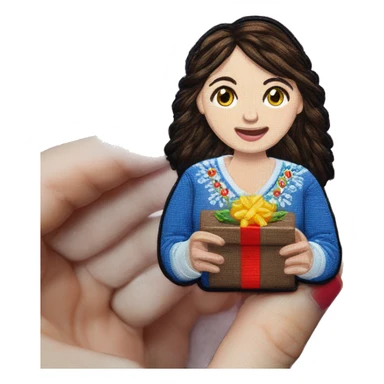 A female teacher in Ukrainian embroidery holds a gift in her hand sticker