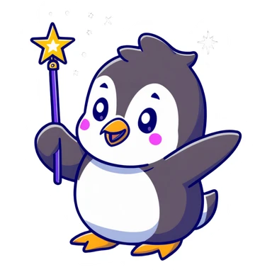 cute penguin casting a magic spell with a starry wand sticker