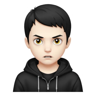 Vampire boy with the short black hair, pale scin, black eyes, little fangs and dark circles under his eyes. He has serious face and he wear a black hoodie sticker