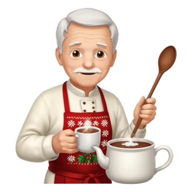 A gentle old man in a festive sweater and a white apron, stirring a pot of rich hot chocolate. sticker