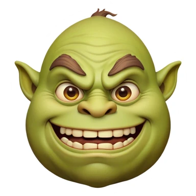 Cinematic Comical Ogre Portrait Emoji, with a strikingly exaggerated, bulky figure in vivid earthy greens and browns, head tilted in a dramatically surprised expression with wide, comically bulging eyes and a goofy, oversized grin, simplified yet hilariously exaggerated, highly detailed with a soft, cartoonish glowing outline capturing the playful absurdity of a meme-worthy ogre! sticker