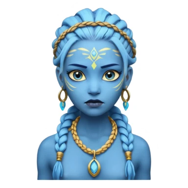 Create an icon of a Na’vi-inspired female character with glowing blue skin, braided hair, tribal forehead markings, large expressive eyes, gold earrings, and a rope necklace with a golden pendant. The expression should be calm and serious, matching the style of the movie Avatar sticker