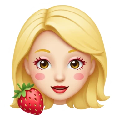 Emoji coquette, winking face with tiny strawberry sticker on cheek, fluttering eyelashes, pastel peach background, minimal vector, 512x512, transparent background
 sticker