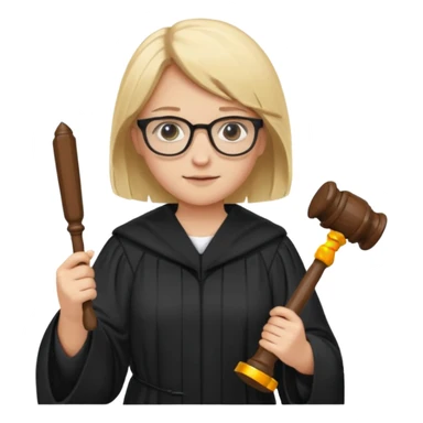 Young judge, blonde hair with glasses and robe, hold a paper and gavel sticker