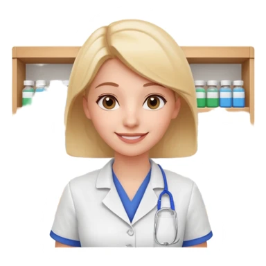 female pharmacist portrait, head and shoulders only, wearing a pharmacy apron, friendly smile, blurred medicine boxes on shelves in background, retail pharmacy vibe, 3D cartoon, mobile game icon style, no text, no watermark
 sticker