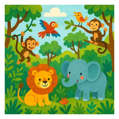 digital illustration of jungle safari in the style of children's illustration   sticker
