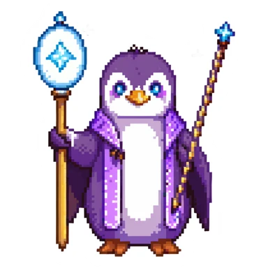 penguin wizard with a purple robe and magic wand sticker