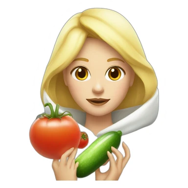 blonde girl  eating  cucumber and tomatoes with white hoodie iridescent and a crown princess sticker