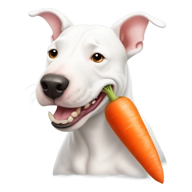 White bull terrier eating a carrot  sticker