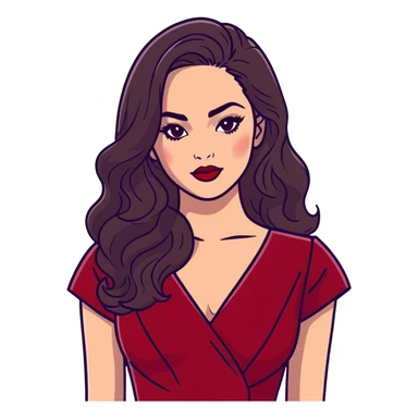 High-profile artistic woman with radiant complexion, long voluminous dark hair with soft waves, large almond eyes with bold eyeliner, defined brows, glamorous red lipstick, wearing sophisticated wine red velvet dress with V-neckline, elegant confident expression sticker