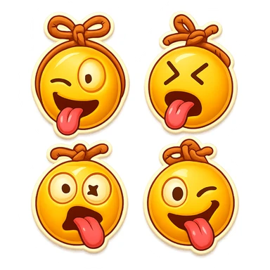 Create more emoji variations inspired by the reference image of a yellow emoji face with a silly expression, tongue out, and a rope tied in a decorative knot above the head. Keep the style playful and cartoonish, varying the facial expressions and rope knot shapes while maintaining the retro stickers style. sticker