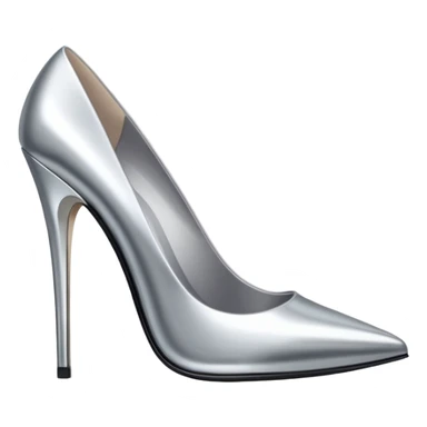A pair of high heel shoes emoji made of polished silver chrome, elegant sharp silhouette, smooth metallic surface, glossy reflections, luxury sexy vibe, minimalistic iOS emoji style, centered, clean white background sticker