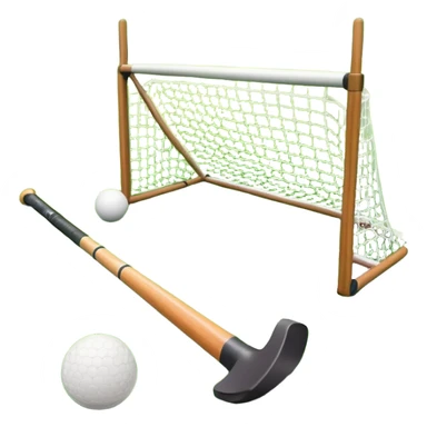 field hockey stick and ball on green grass field with goalposts in background sticker
