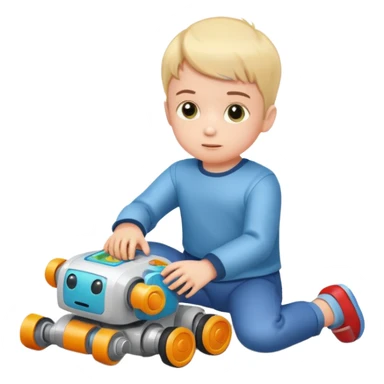 Little boy playing with toy robot on the floor sticker