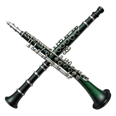 Create an elegant and refined emoji representing A clarinet. The design should showcase the sleek, black wood finish of the clarinet with its shiny metal keys and elegant detailing. Include the distinct, high-quality features, such as the unique greenish tint of the wood, giving it a modern and sophisticated look. Add subtle elements like the mouthpiece with the reed, emphasizing its importance in sound production. Use dark tones like ebony, silver for the keys, and soft light reflections to evoke a professional, classical feel. The background should be transparent. sticker