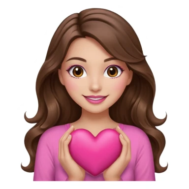 girl with long wavy brown hair, brown eyes, long lashes makeup, sexy pink lips, light to medium complexion, wearing a pink sexy top, smiling, holding a big heart sticker