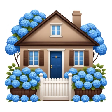 Brown house, white shutters, white fence, blue hydrangeas all over sticker
