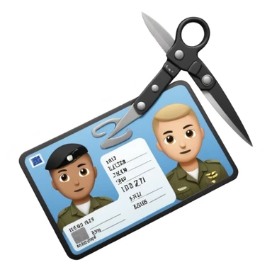 Floating black Scissors cutting an idf soldier ID card in 2 parts .hyper realistic sticker